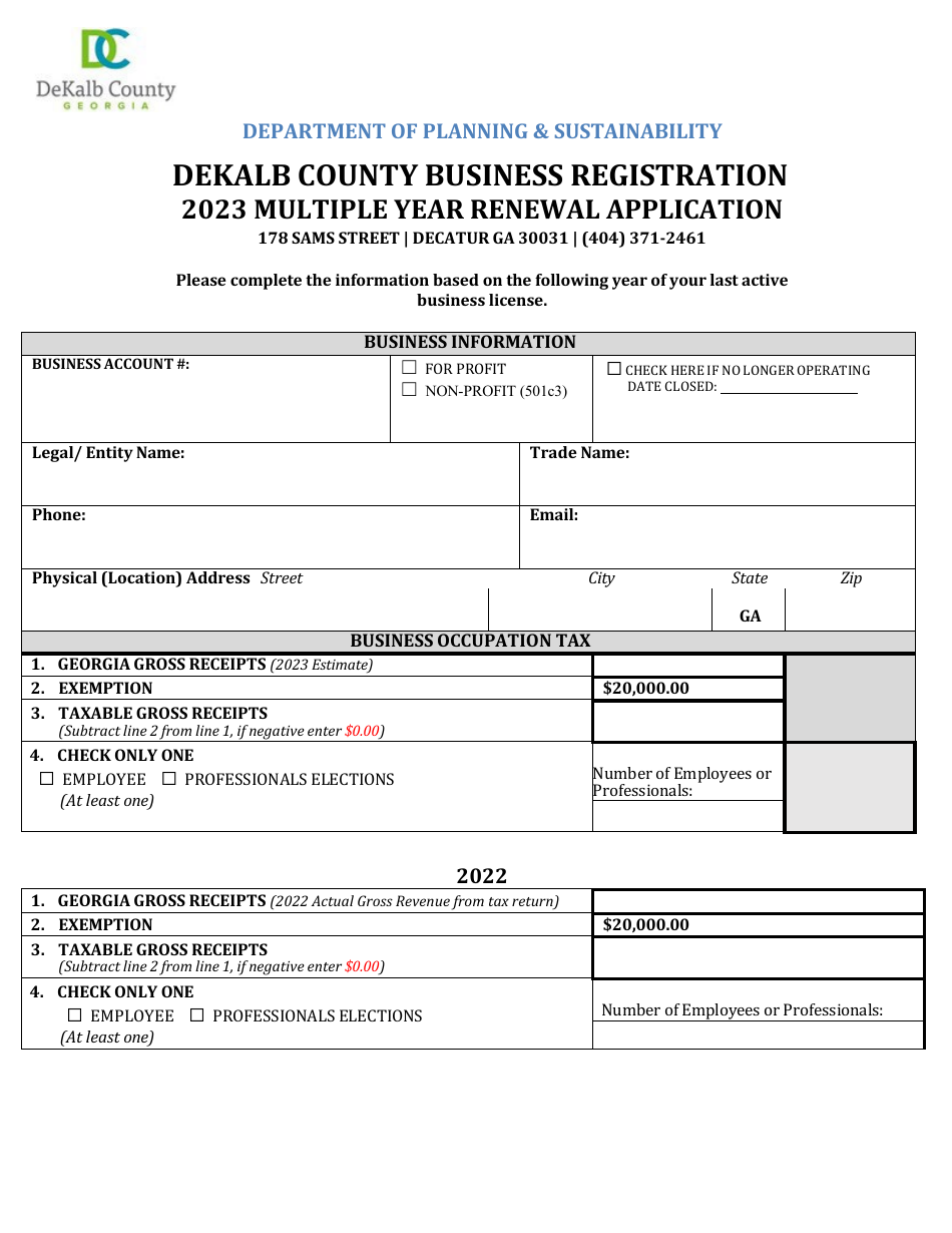 Business Registration Multiple Year Renewal Application - DeKalb County, Georgia (United States), Page 1