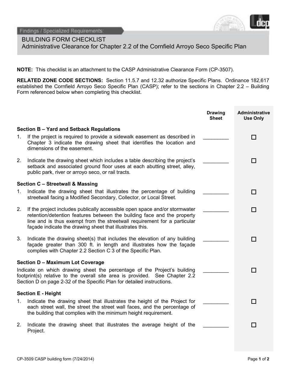 Form CP-3509 Building Form Checklist - City of Los Angeles, California, Page 1