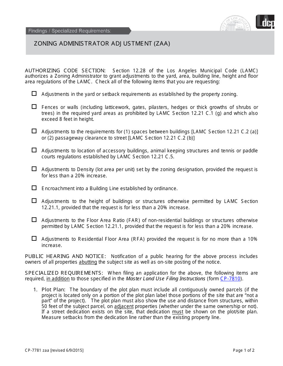 Form CP-7781 Zoning Administrator Adjustment (Zaa) - City of Los Angeles, California, Page 1