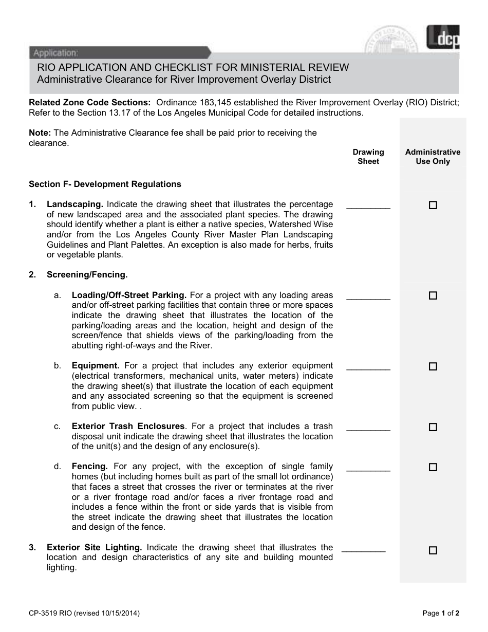 Form CP-3519 Rio Application and Checklist for Ministerial Review - City of Los Angeles, California, Page 1