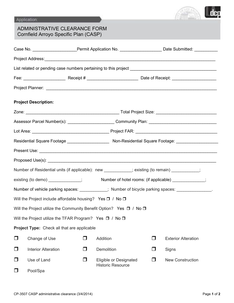 Form CP-3507 Administrative Clearance Form - Cornfield Arroyo Specific Plan (Casp) - City of Los Angeles, California, Page 1