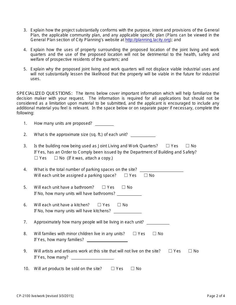 Form CP-2100 Joint Living and Work Quarters - City of Los Angeles, California, Page 2