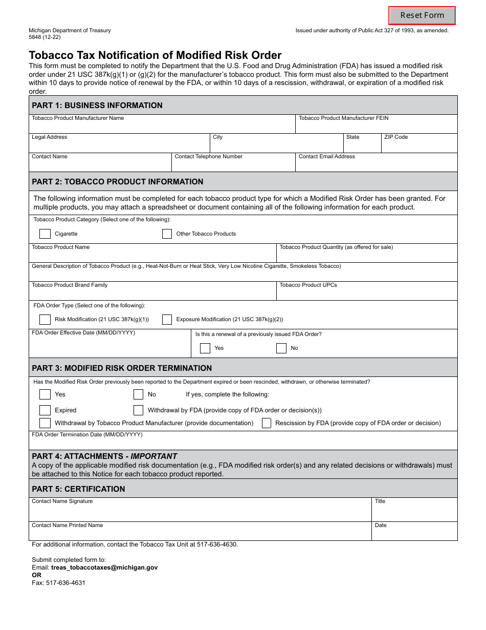 Form 5848 Tobacco Tax Notification of Modified Risk Order - Michigan, Page 1
