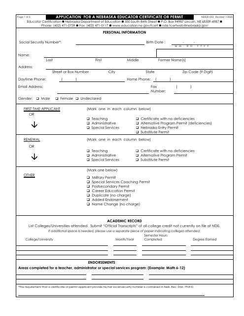 NDE Form 20-003  Printable Pdf