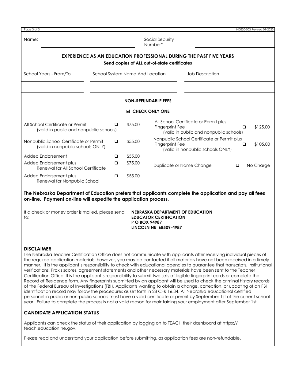 NDE Form 20-003 Application for a Nebraska Educator Certificate or Permit - Nebraska, Page 3