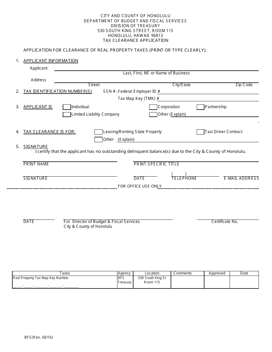 Tax Clearance Application - City and County of Honolulu, Hawaii, Page 1