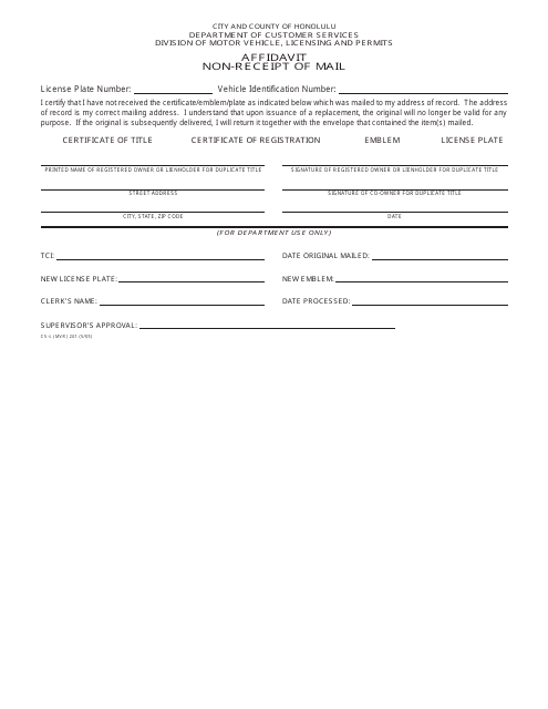 Form CS-L(MVR)201 Affidavit Non-receipt of Mail - City and County of Honolulu, Hawaii