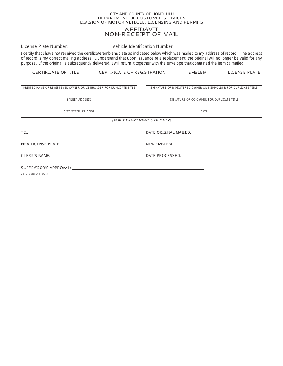 Form CS-L(MVR)201 Affidavit Non-receipt of Mail - City and County of Honolulu, Hawaii, Page 1