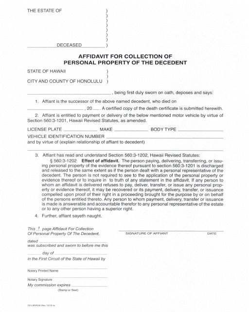 Form CS-L(MVR)39 Affidavit for Collection of Personal Property of the Decendent - City and County of Honolulu, Hawaii