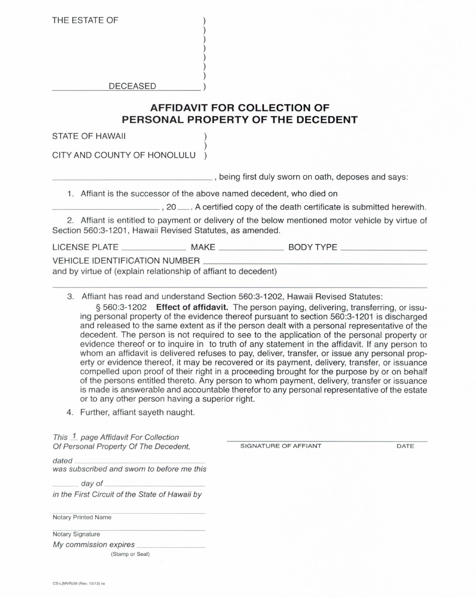 Form CS-L(MVR)39 Affidavit for Collection of Personal Property of the Decendent - City and County of Honolulu, Hawaii, Page 1