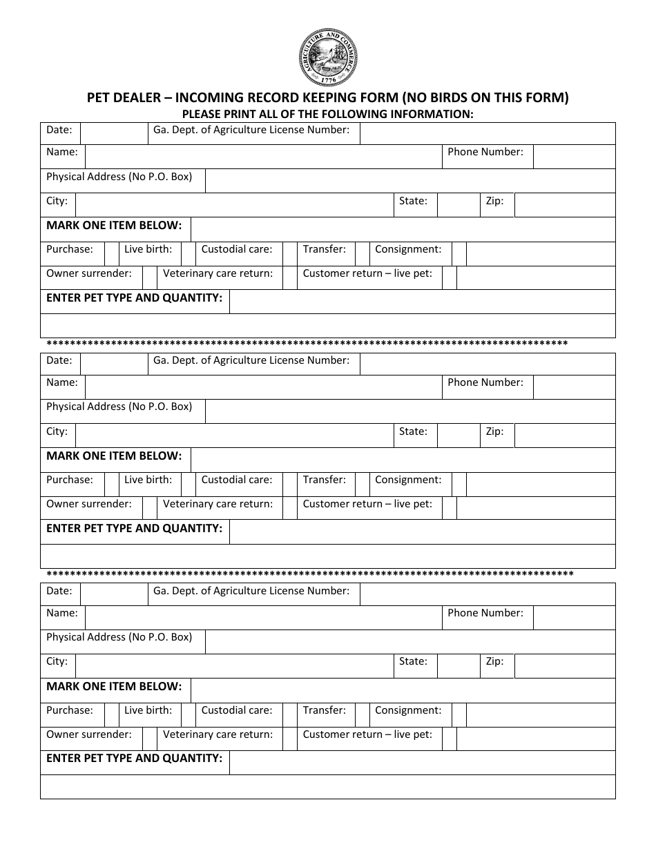 Pet Dealer - Incoming Record Keeping Form - Georgia (United States), Page 1
