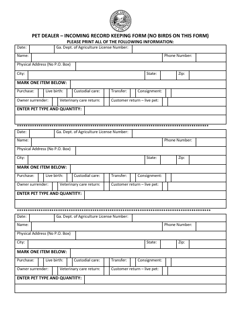 Pet Dealer - Incoming Record Keeping Form - Georgia (United States)