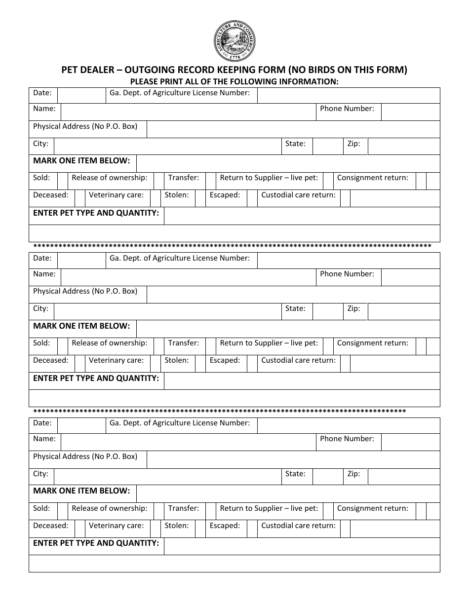 Pet Dealer - Outgoing Record Keeping Form - Georgia (United States), Page 1