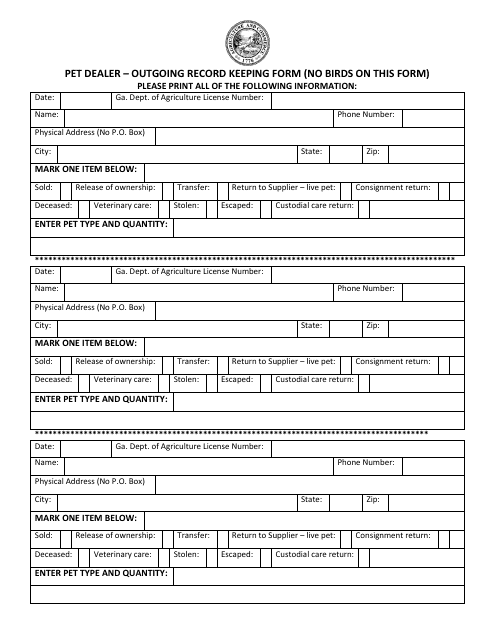 Pet Dealer - Outgoing Record Keeping Form - Georgia (United States) Download Pdf