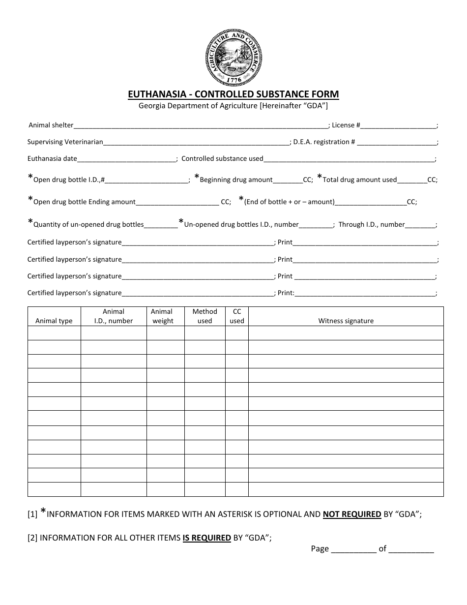 Euthanasia - Controlled Substance Form - Georgia (United States), Page 1