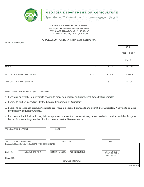 Application for Bulk Tank Sampler Permit - Georgia (United States)