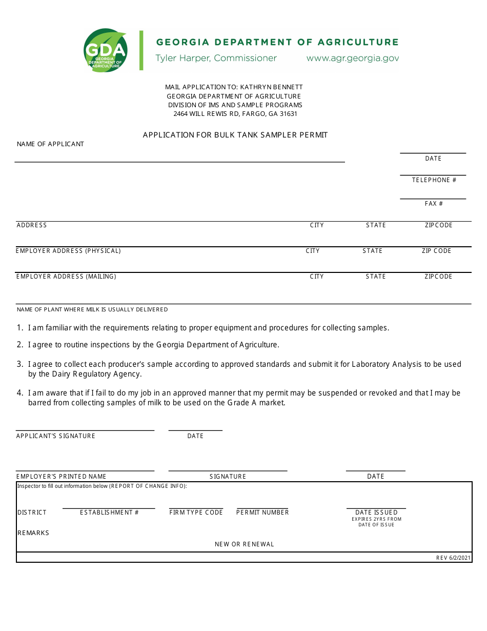 Application for Bulk Tank Sampler Permit - Georgia (United States), Page 1