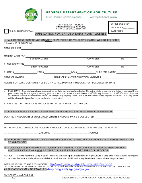 Application for Grade a Dairy Plant License - Georgia (United States), 2021