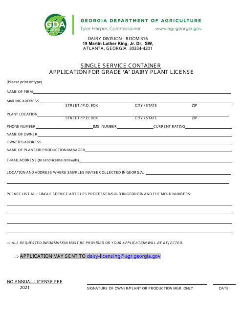 Application for Grade 'a' Dairy Plant License - Single Service Container - Georgia (United States) Download Pdf