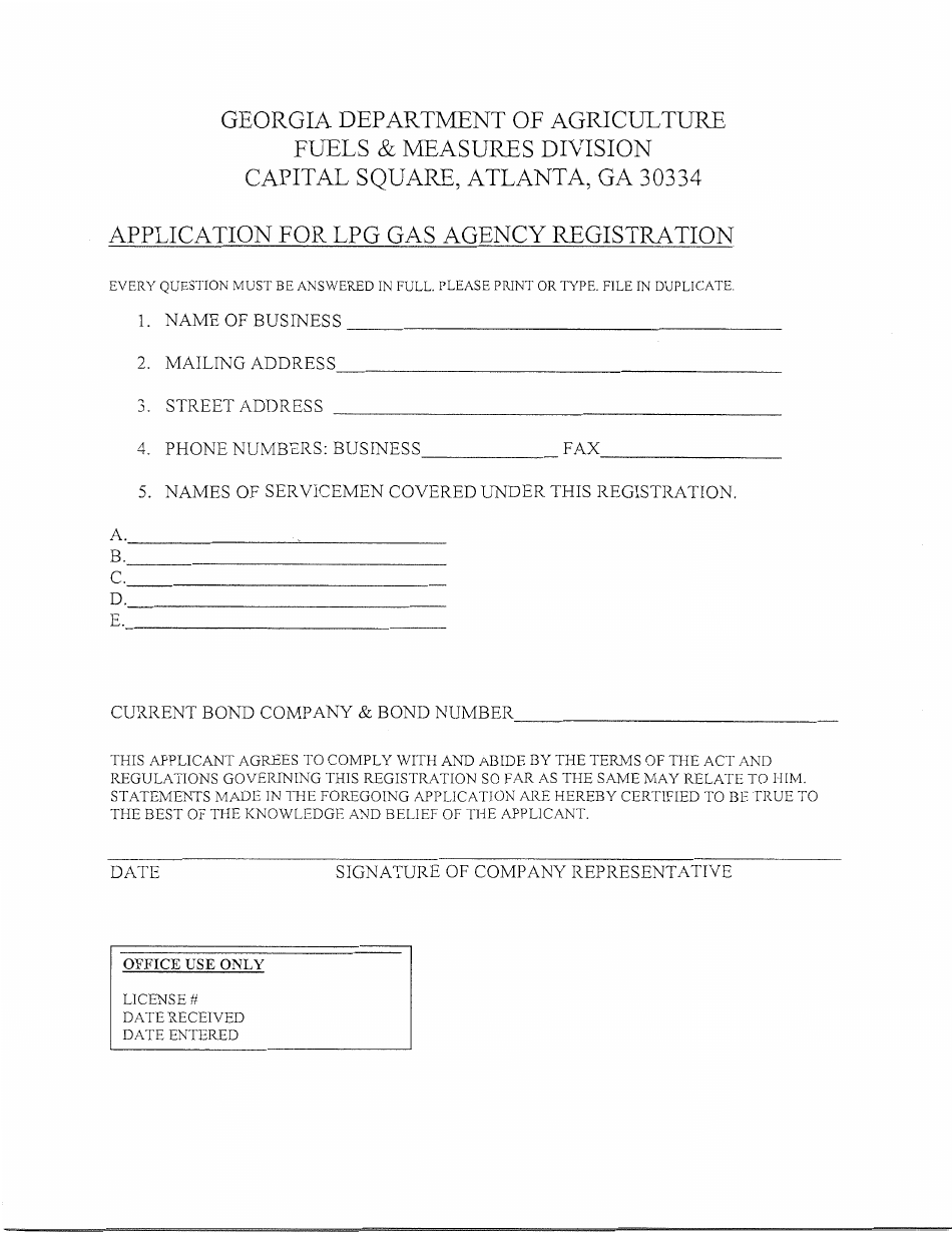 Application for Lpg Gas Agency Registration - Georgia (United States), Page 1