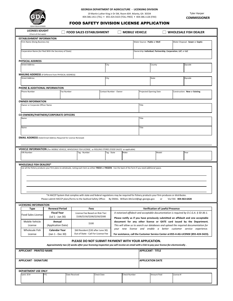 Food Safety Division License Application - Georgia (United States), Page 1