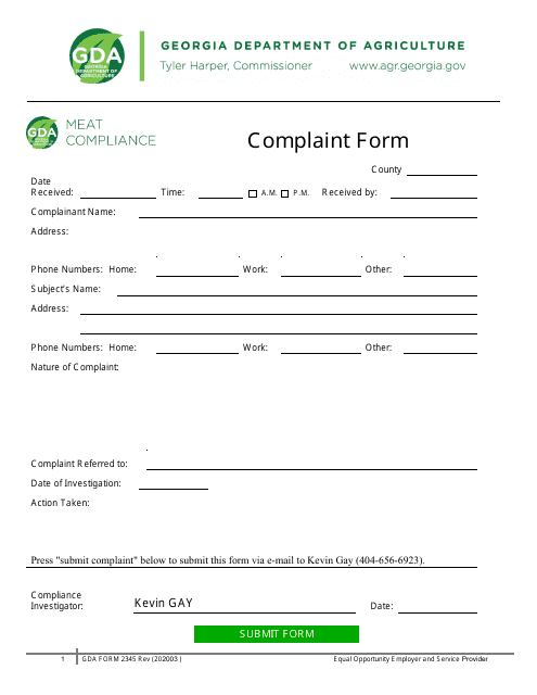 GDA Form 2345 Complaint Form - Georgia (United States)