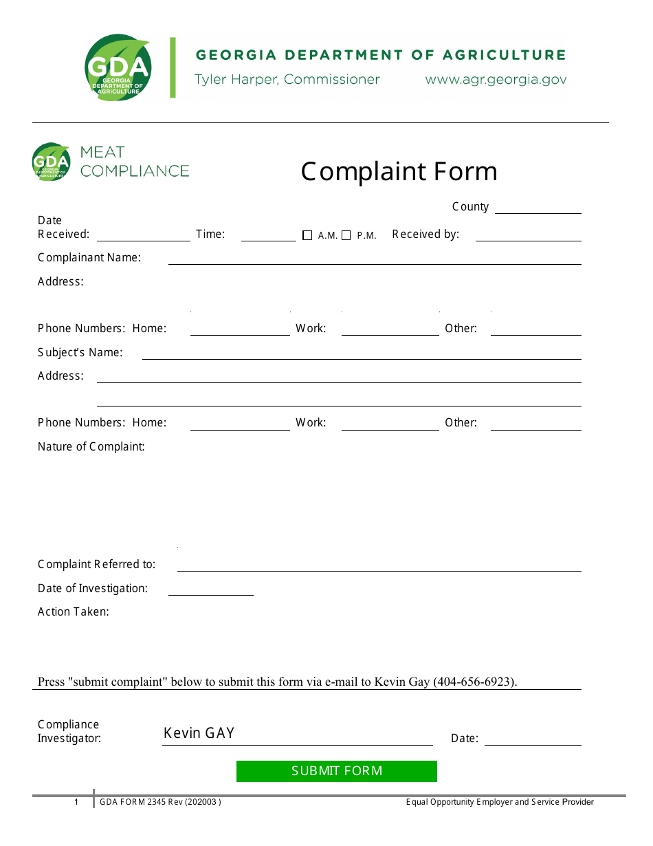 GDA Form 2345 Complaint Form - Georgia (United States), Page 1