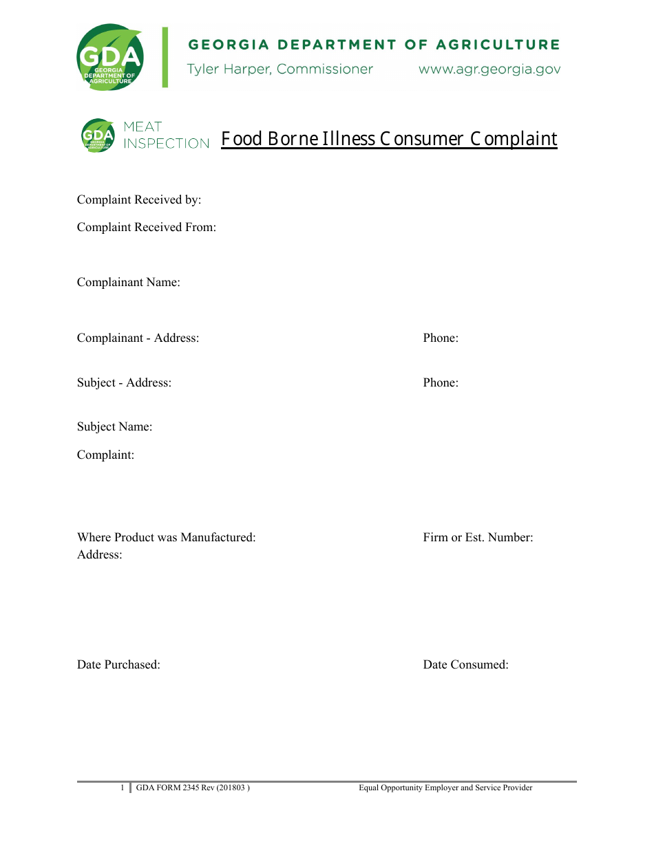 GDA Form 2345 Food Borne Illness Consumer Complaint - Georgia (United States), Page 1