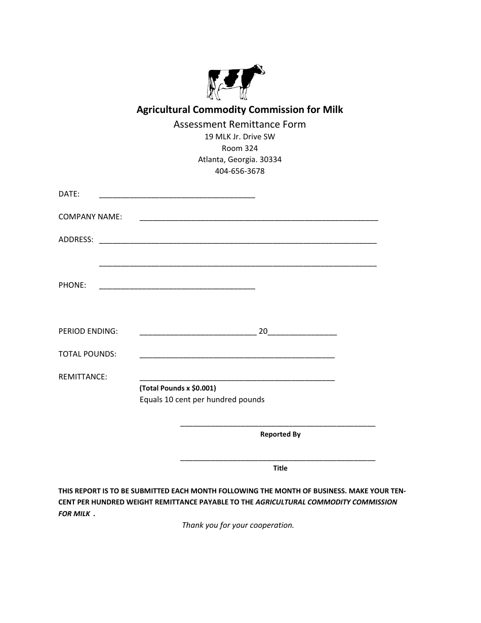 Milk Assessment Form 10 Cent - Georgia (United States), Page 1