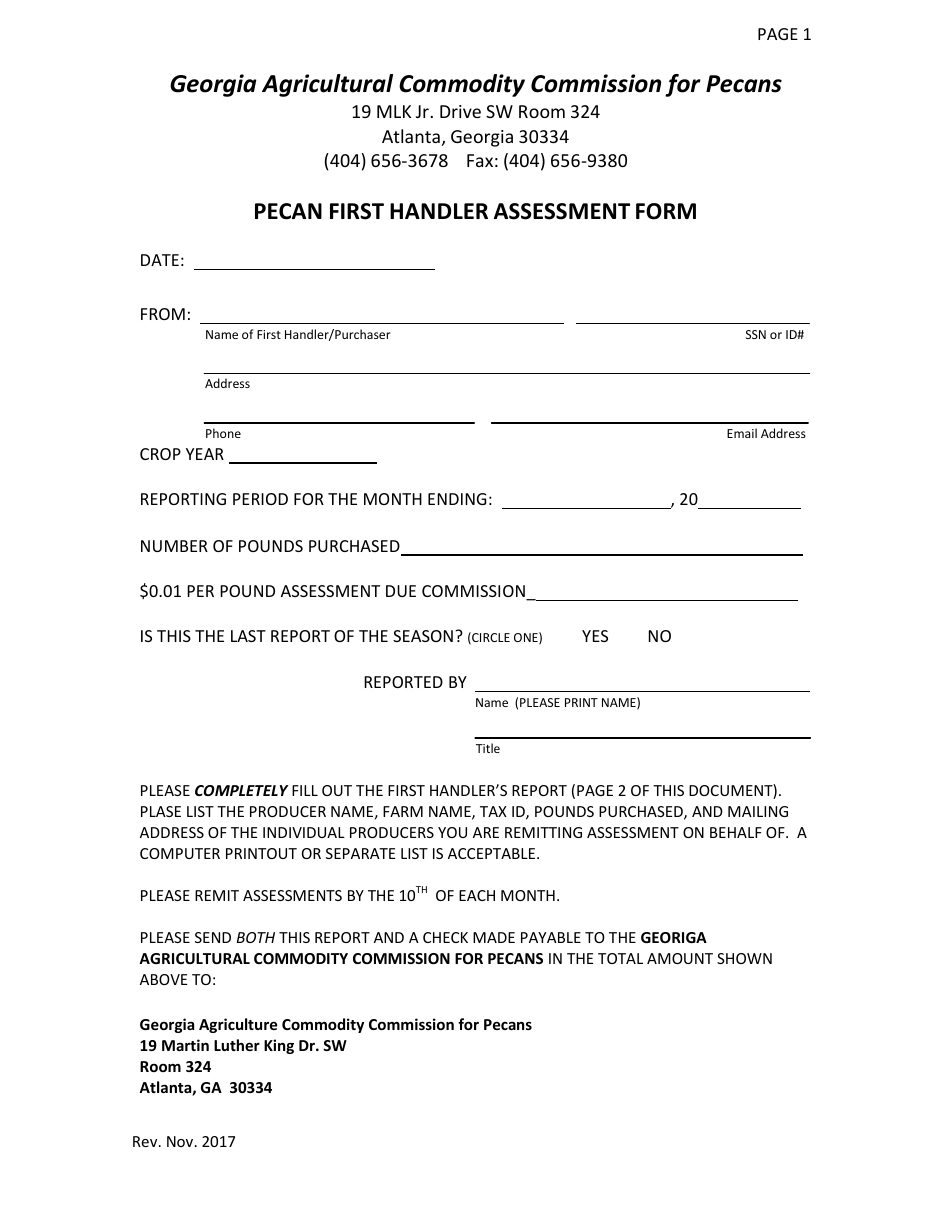 Pecan First Handler Assessment Form - Georgia (United States), Page 1