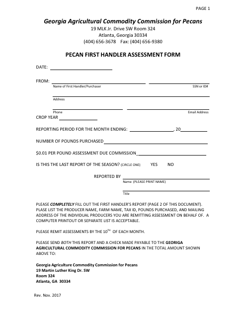 Pecan First Handler Assessment Form - Georgia (United States) Download Pdf