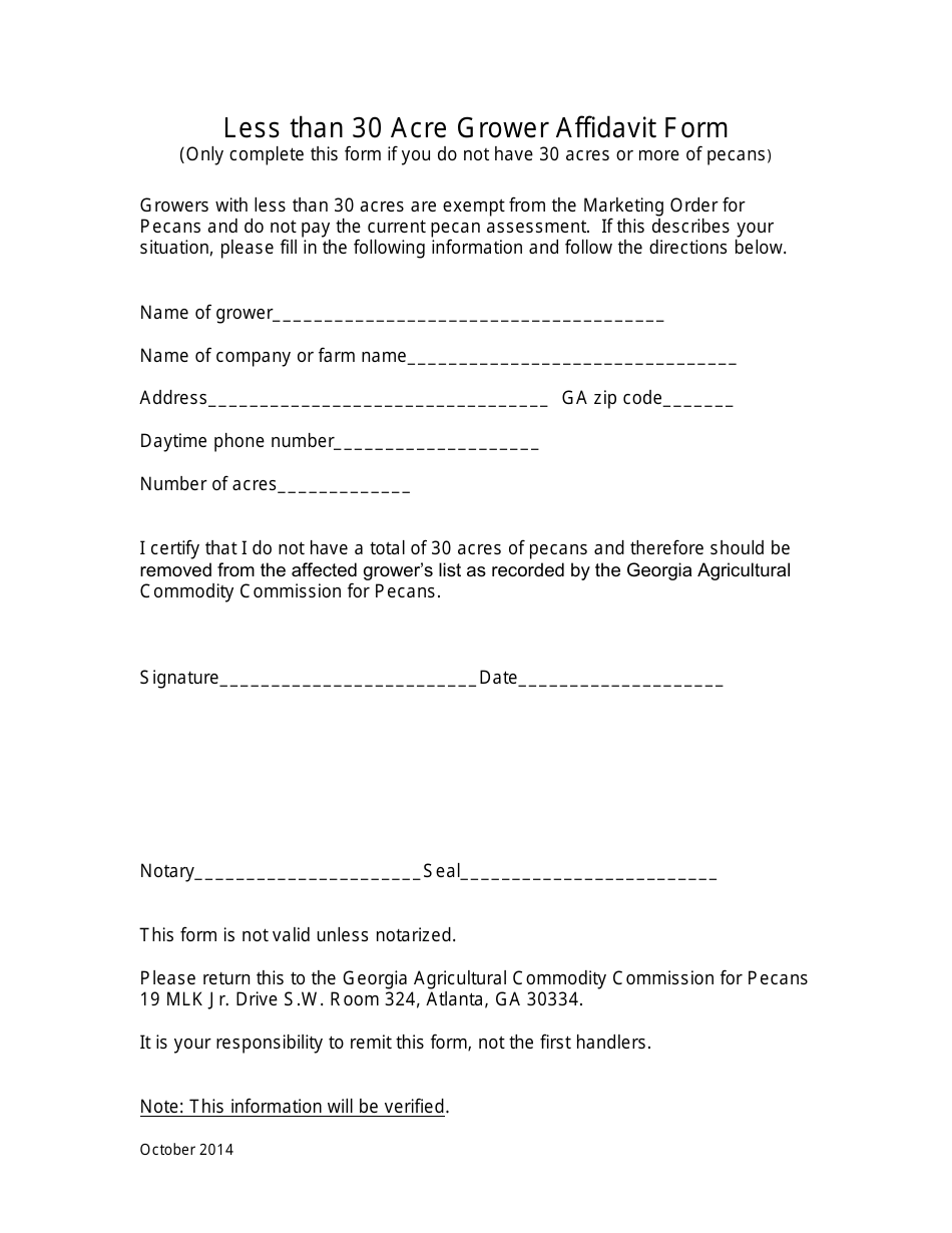 (United States) Less Than 30 Acre Grower Affidavit Form Fill Out, Sign Online and