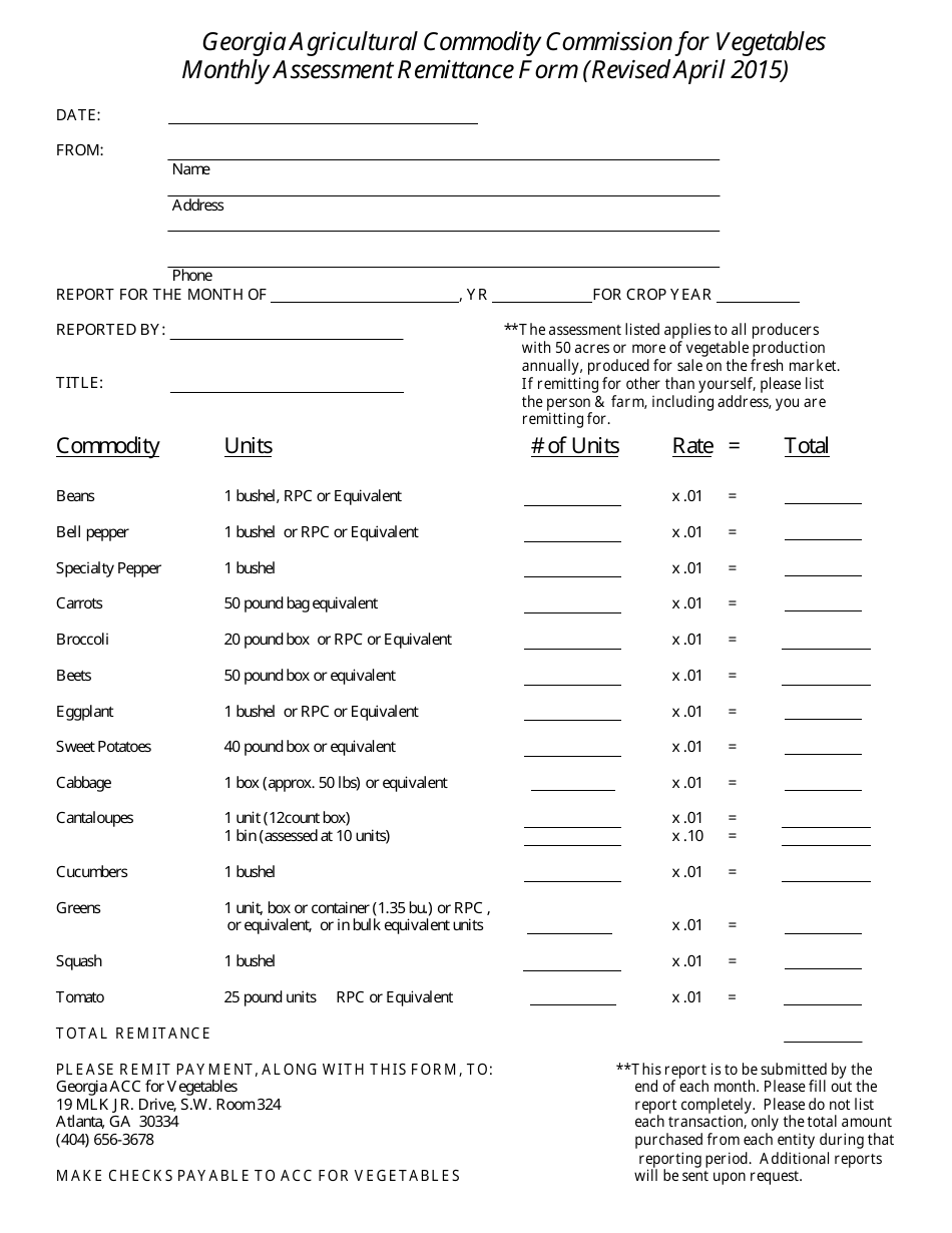 Vegetable Monthly Assessment Remittance Form - Georgia (United States), Page 1