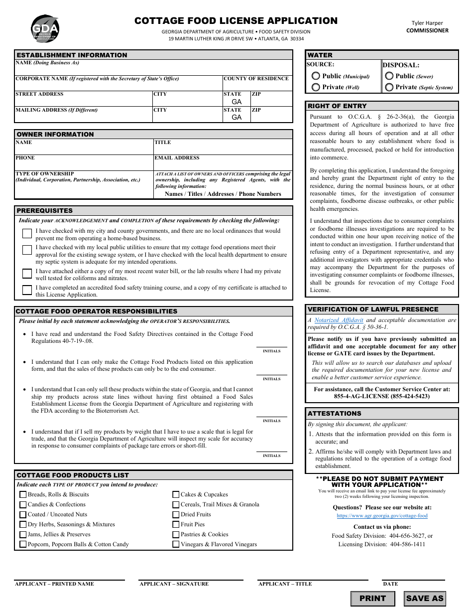 Cottage Food License Application - Georgia (United States), Page 1