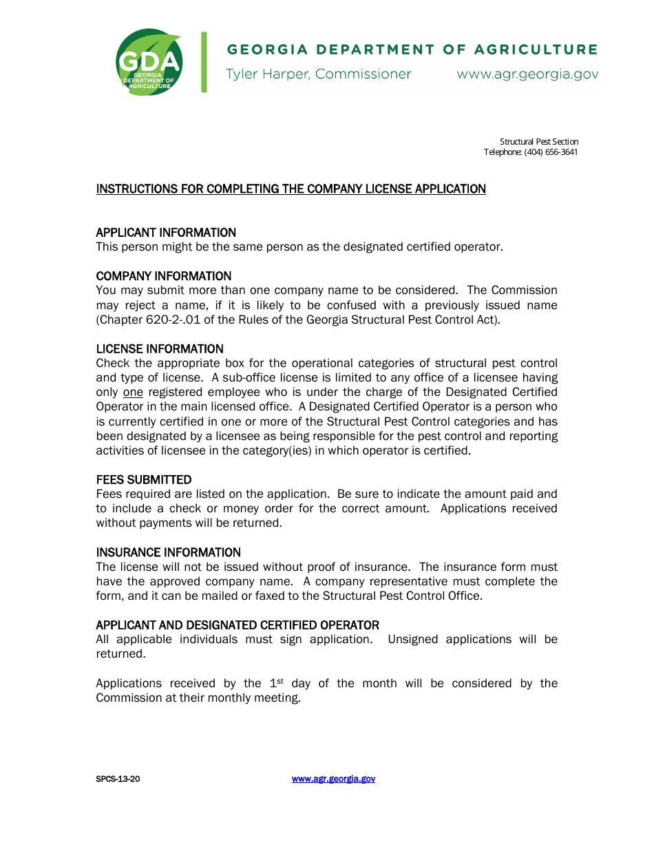 Form SPCS-13-20 Application for Structural Pest Control Company License - Georgia (United States), Page 1