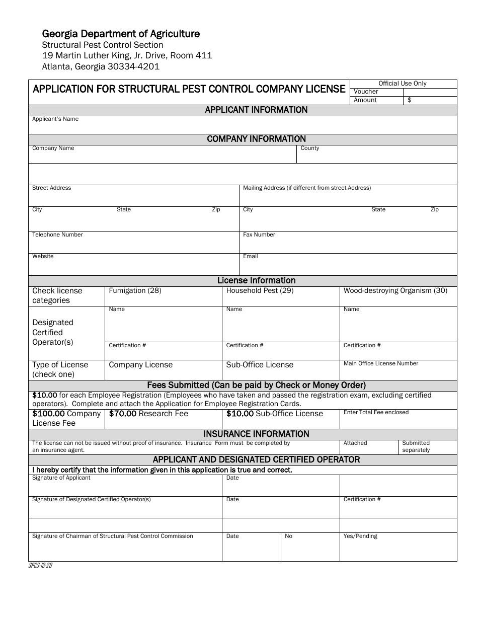 Form SPCS-13-20 Application for Structural Pest Control Company License - Georgia (United States), Page 2