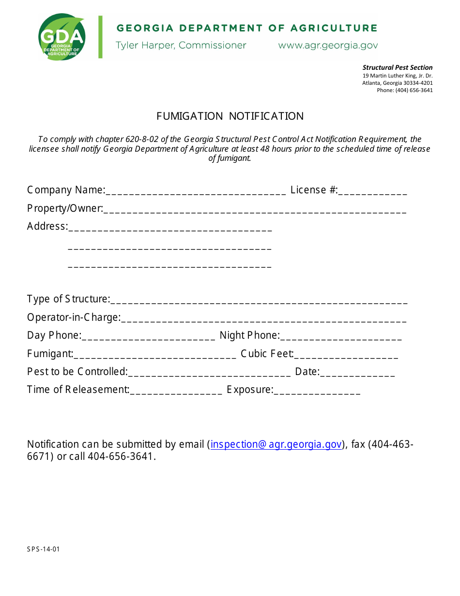 Form SPS14-01 Fumigation Notification - Georgia (United States), Page 1