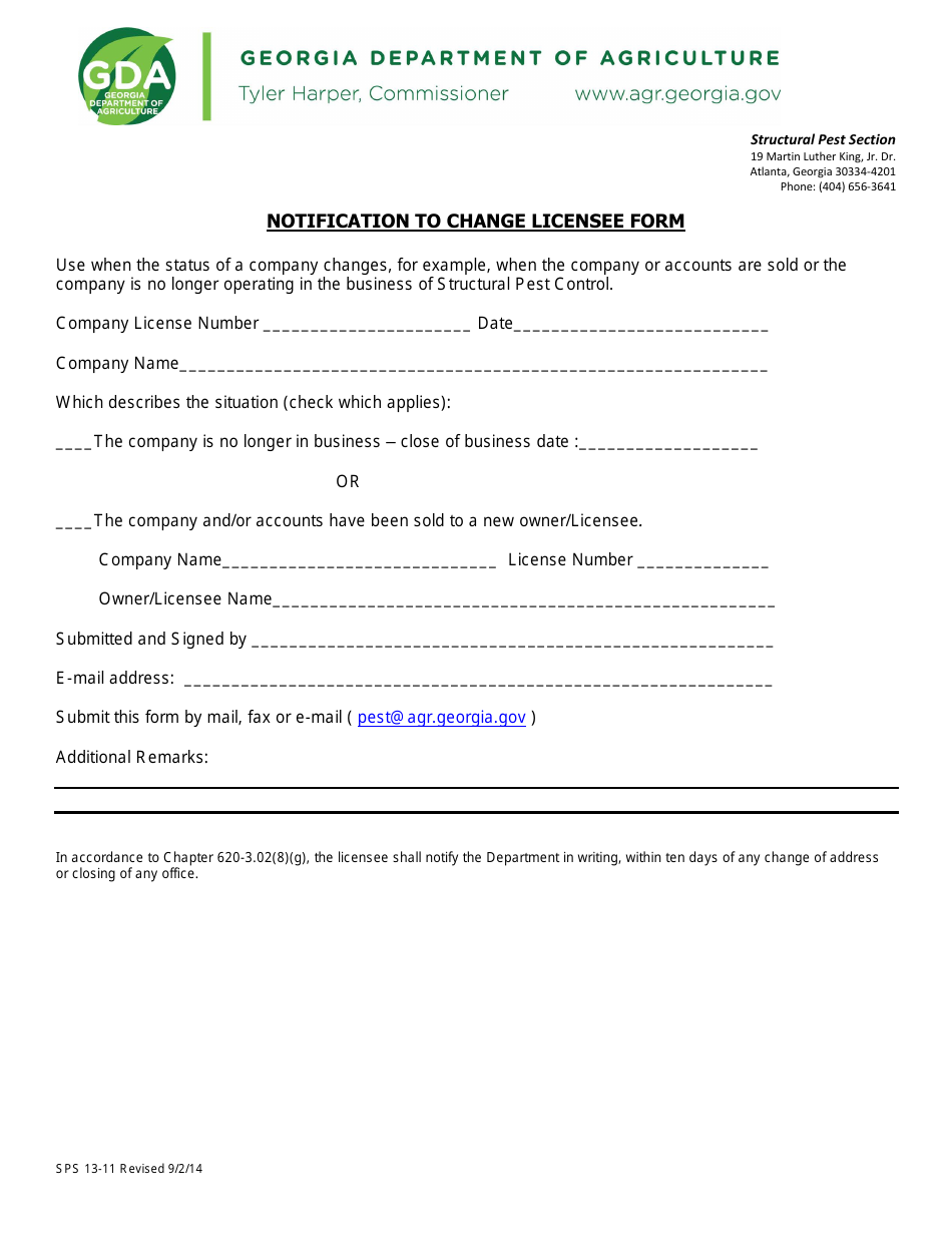 Form SPS13-11 Notification to Change Licensee Form - Georgia (United States), Page 1