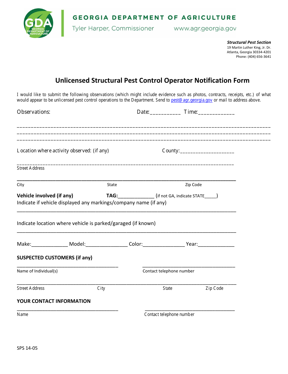 Form SPS14-05 Unlicensed Structural Pest Control Operator Notification Form - Georgia (United States), Page 1