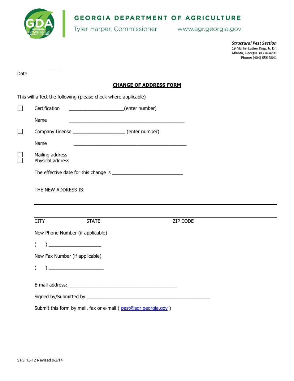 Form SPS13-12 Change of Address Form - Georgia (United States), Page 1