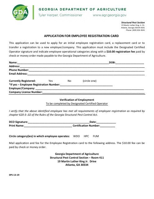 Form SPS-13-19 Application for Employee Registration Card - Georgia (United States)
