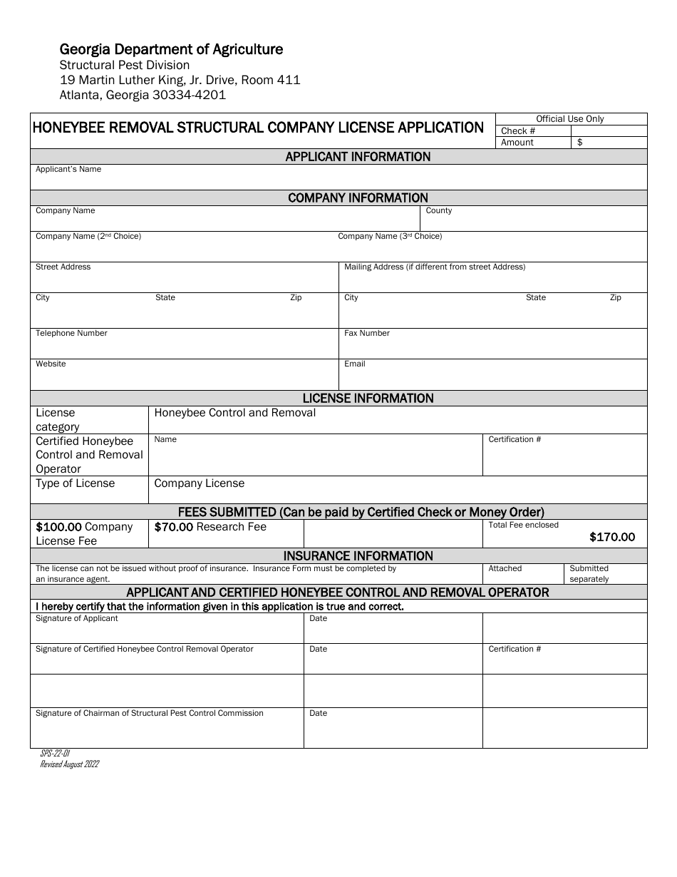 Form SPS-22-01 Honeybee Removal Structural Company License Application - Georgia (United States), Page 2
