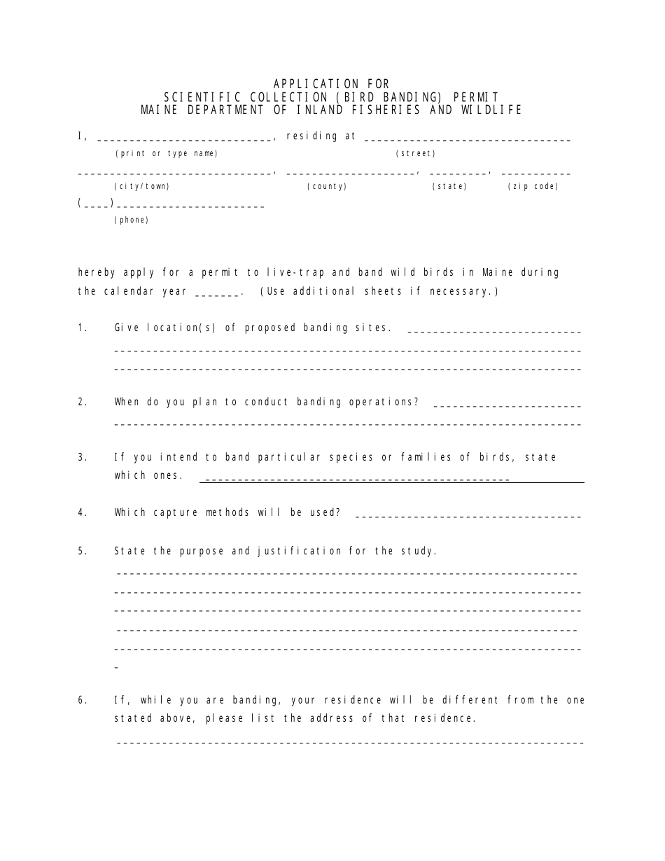 Application for Scientific Collection (Bird Banding) Permit - Maine, Page 1