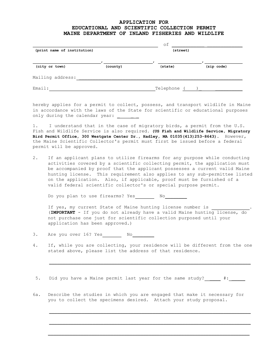 Application for Educational and Scientific Collection Permit - Wildlife - Maine, Page 1