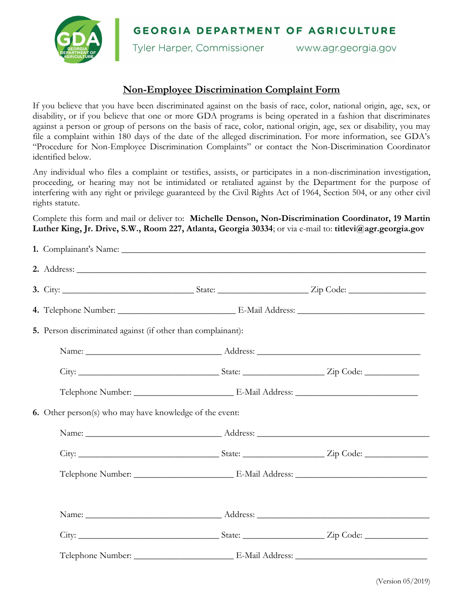 Non-employee Discrimination Complaint Form - Georgia (United States), Page 1