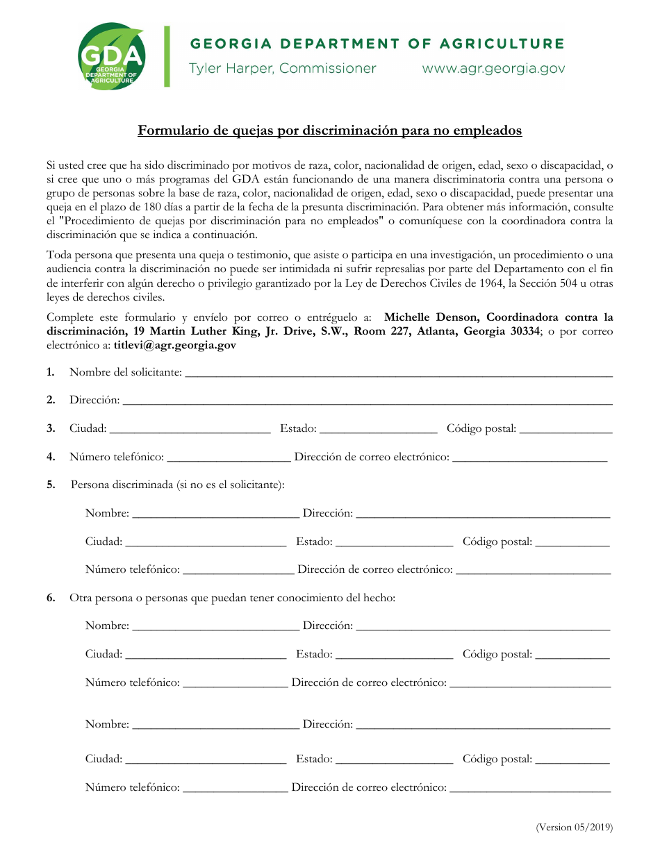 Formulario De Quejas Por Discriminacion Para No Empleados - Georgia (United States) (Spanish), Page 1