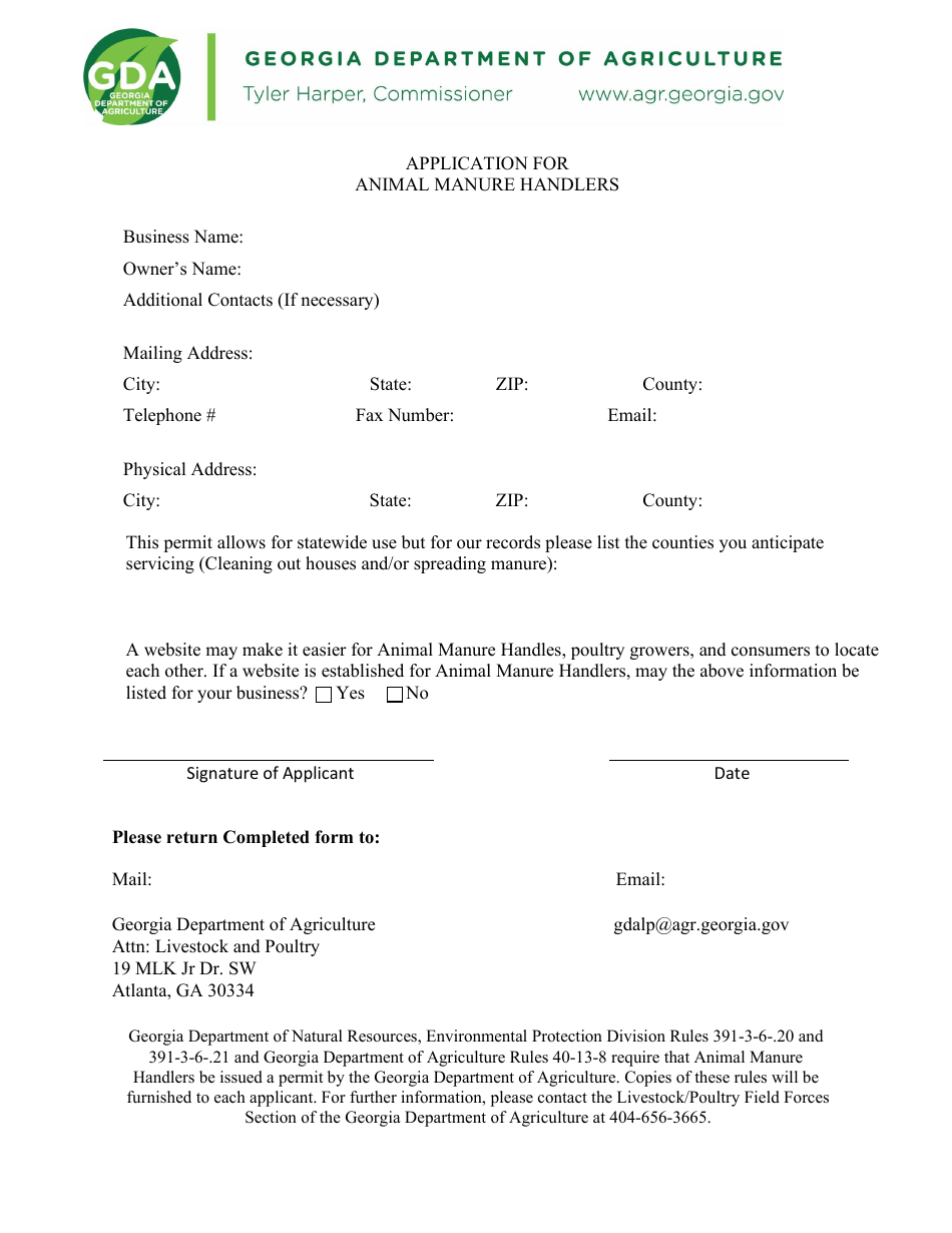 Application for Animal Manure Handlers - Georgia (United States), Page 1