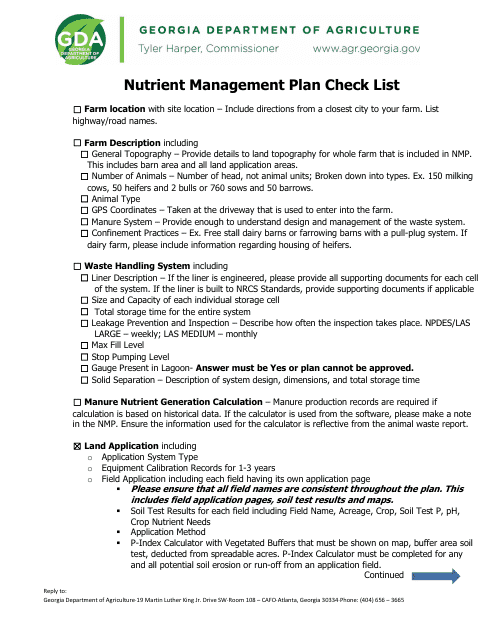 Nutrient Management Plan Check List - Georgia (United States) Download Pdf