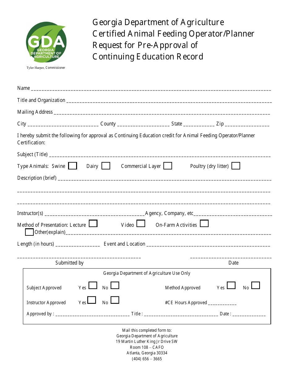 Certified Animal Feeding Operator / Planner Request for Pre-approval of Continuing Education Record - Georgia (United States), Page 1