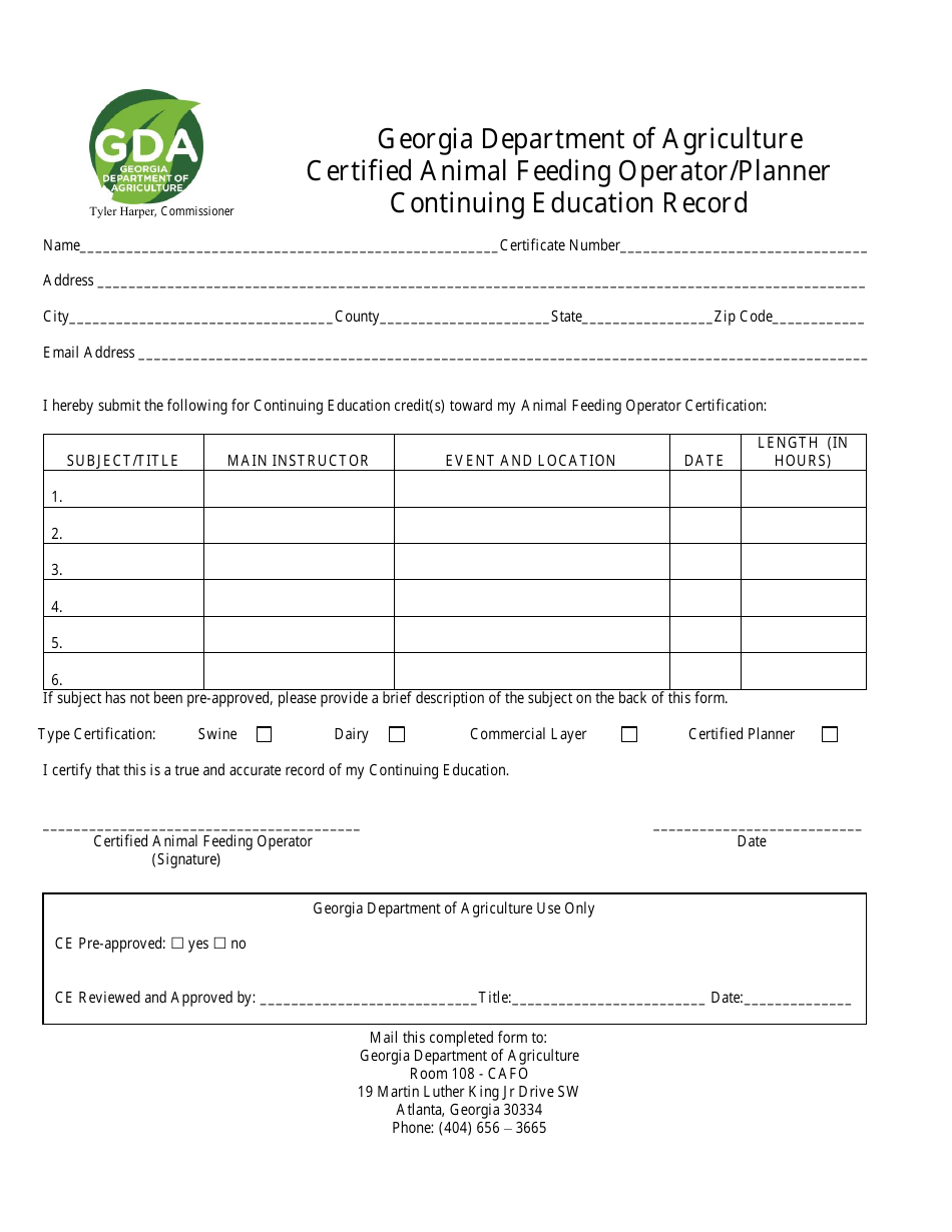 Certified Animal Feeding Operator / Planner Continuing Education Record - Georgia (United States), Page 1
